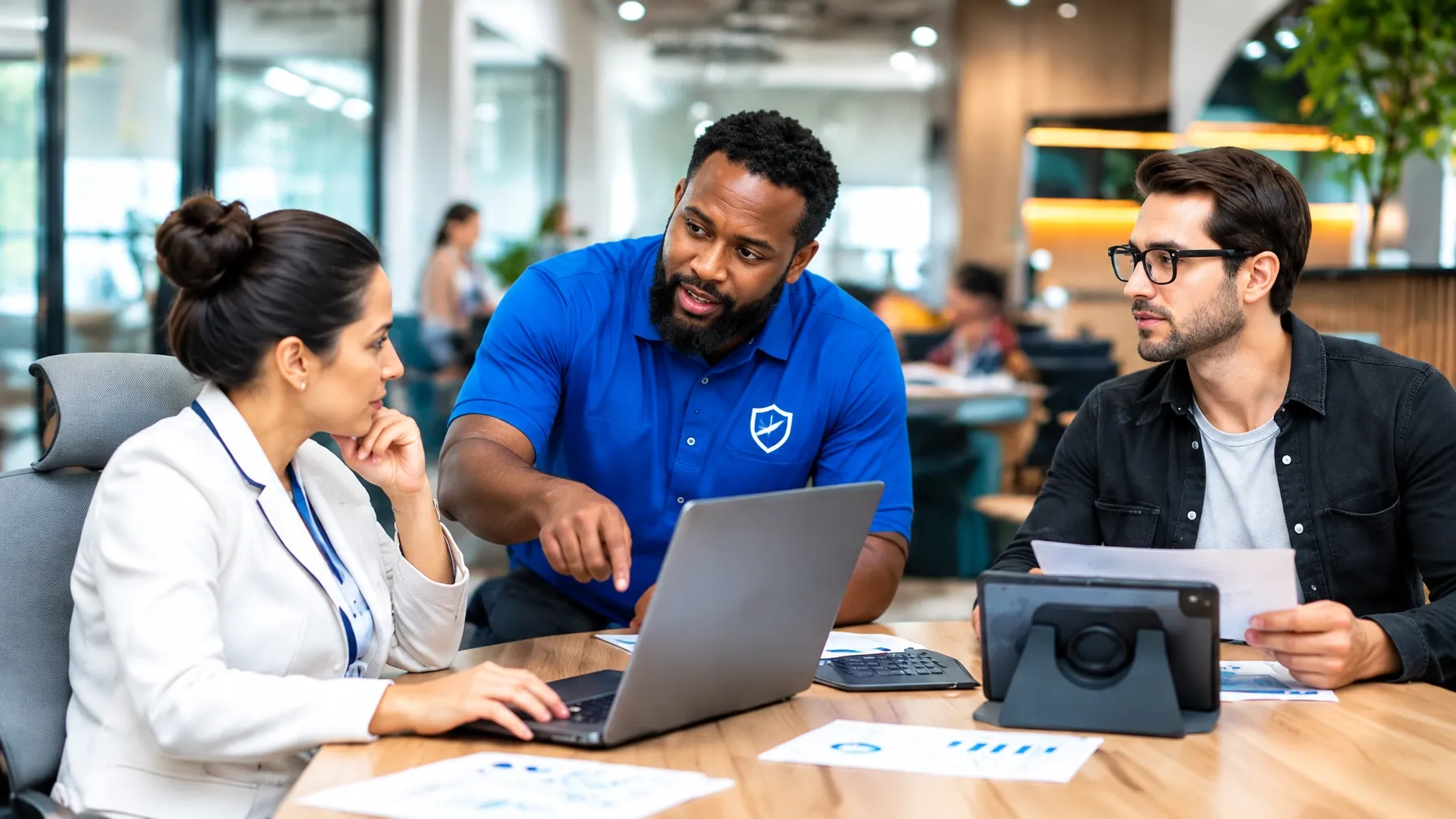 An IT professional helping business owners at their office